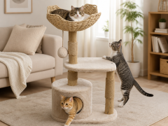 Relipet RL2660 Natural Look Cat Tree with Rattan Basket, Condo & Faux Rabbit Fur