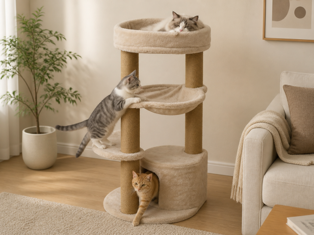 Relipet RL2661 Cat Tree Cappuccino with Condo Hammock & Washable Big Bed on Top – Premium Faux Rabbit Fur