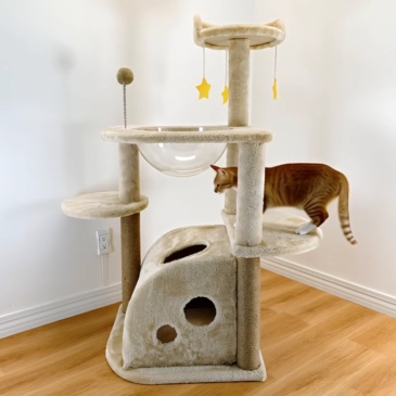 Relipet RL2424 Multi-Level Cat Tree with Transparent Bed & Interactive Toy - Beige