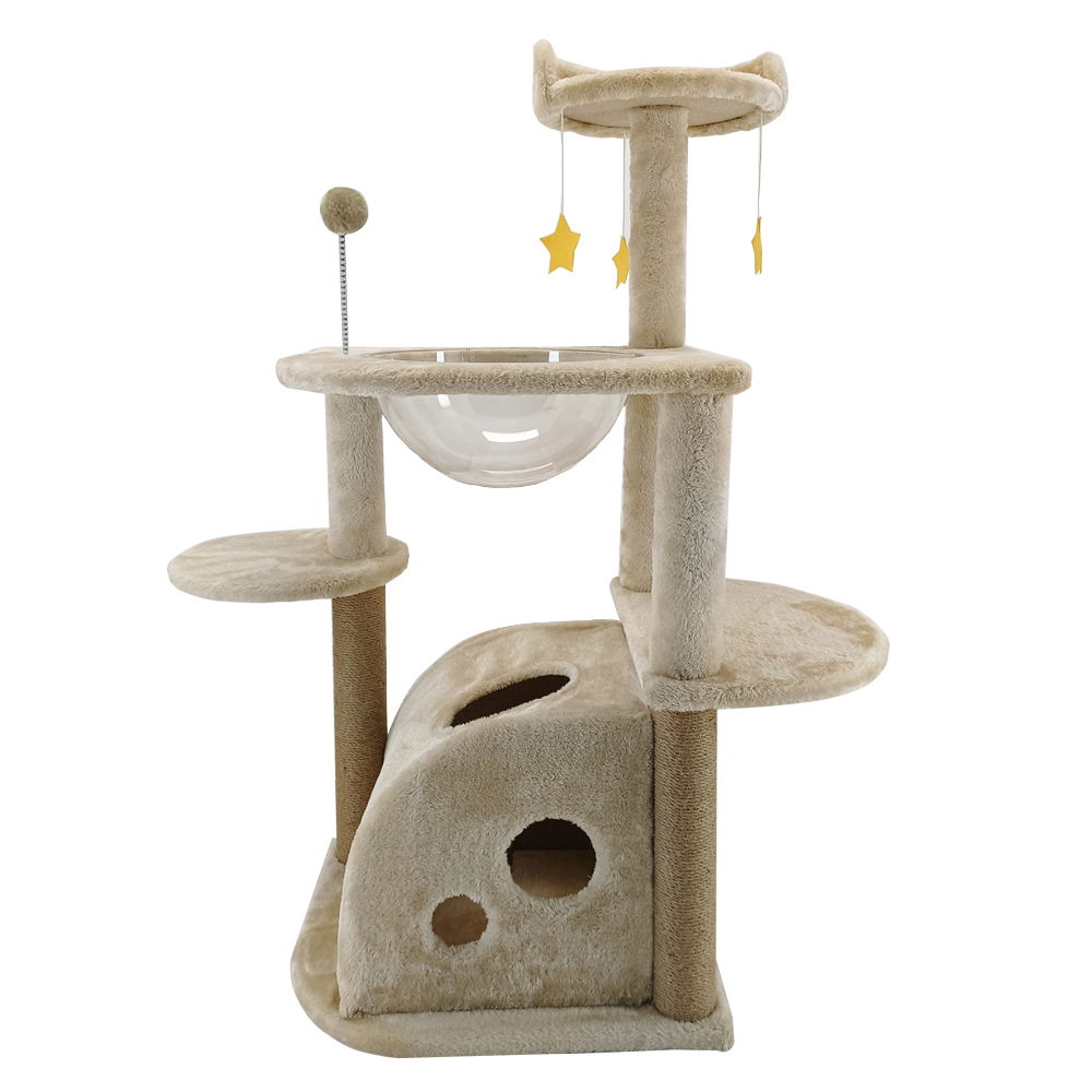 Relipet RL2424 Multi-Level Cat Tree with Transparent Bed & Interactive Toy - Beige