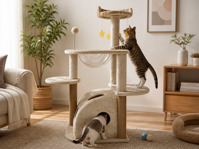 Relipet RL2424 Multi-Level Cat Tree with Transparent Bed & Interactive Toy - Beige