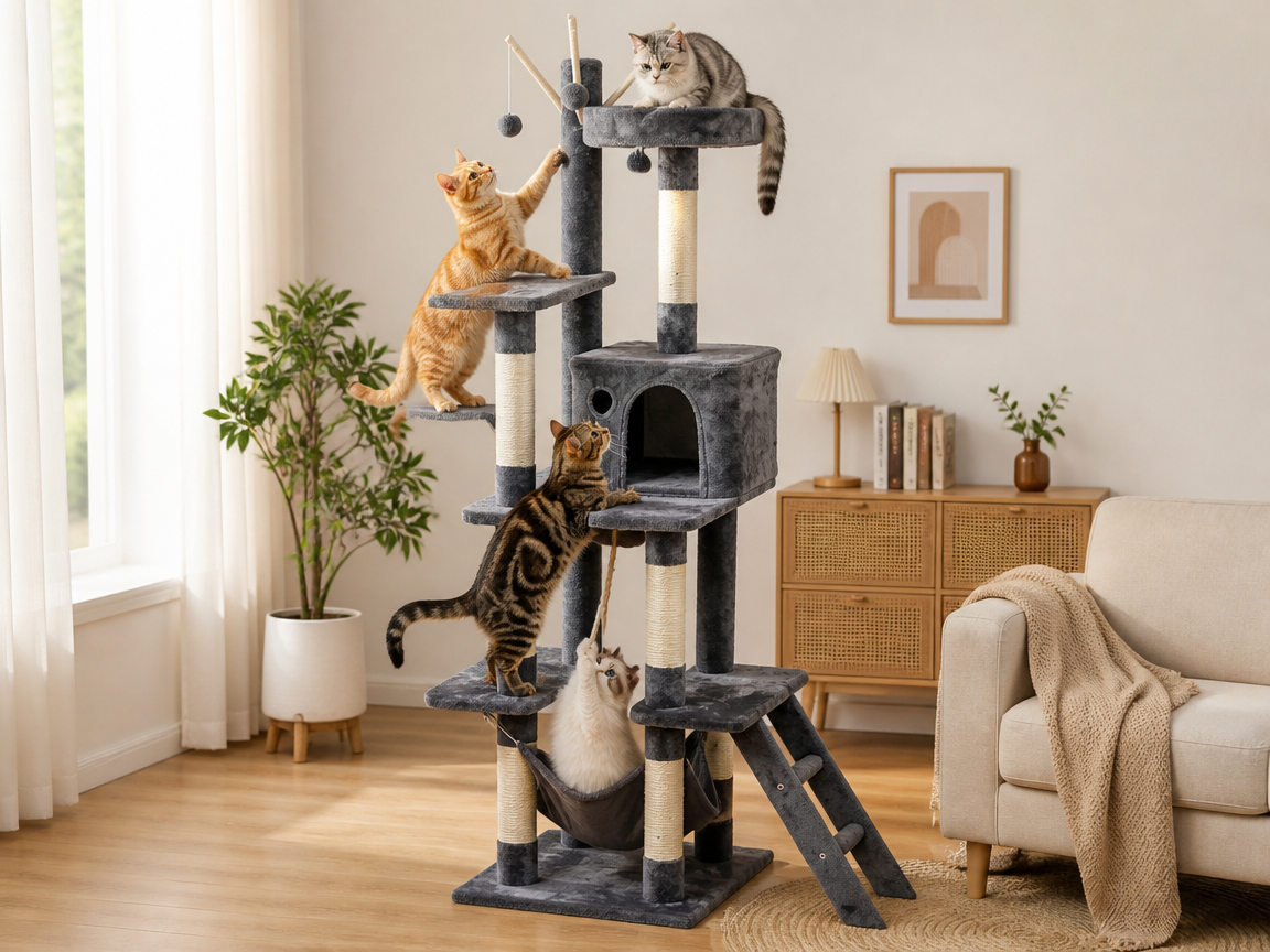Relipet RL2284 Tall Multi-Level Plush Cat Tree with Cave, Hammock & Platforms