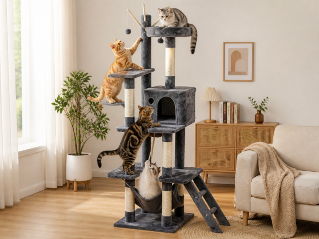 Relipet RL2284 Tall Multi-Level Plush Cat Tree with Cave, Hammock & Platforms