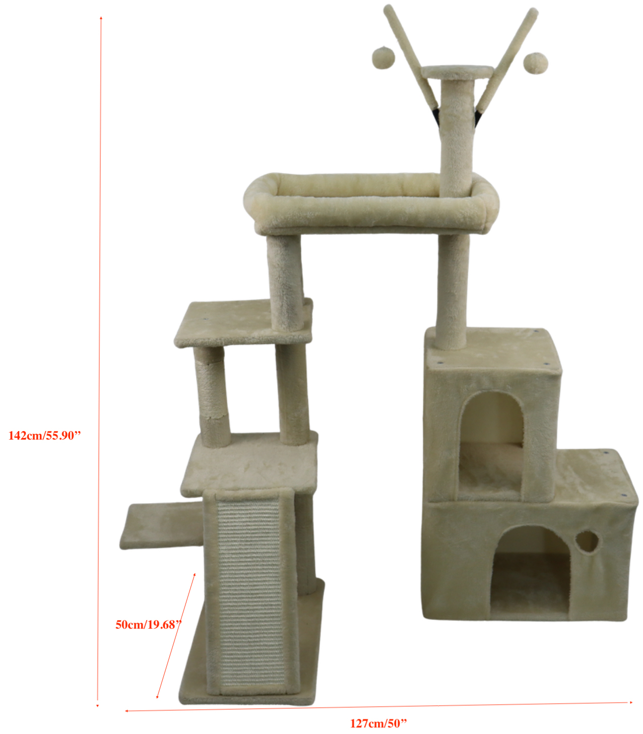 Relipet RL2865 Corner Cat Tree 142cm - Removable Condos, Scratching Ramp, Padded Bed & Hanging Toys