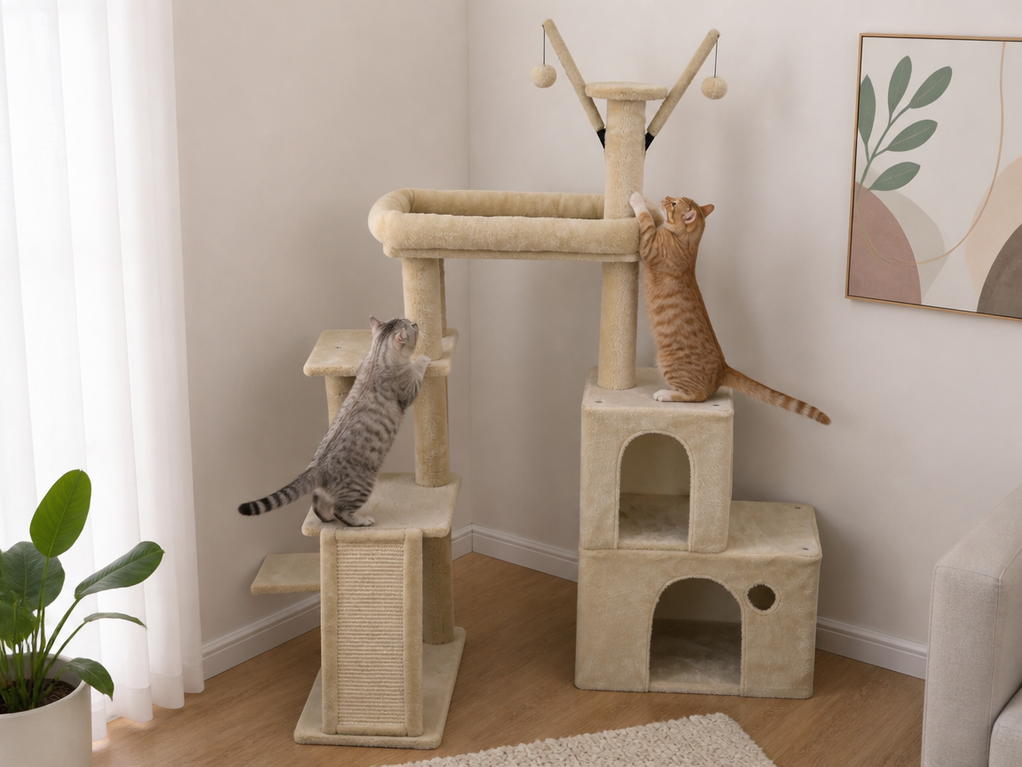 Relipet RL2865 Corner Cat Tree 142cm - Removable Condos, Scratching Ramp, Padded Bed & Hanging Toys