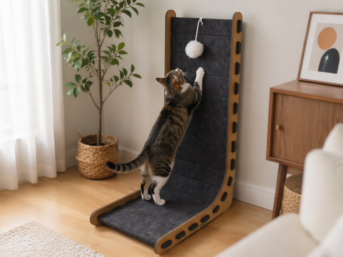 Relipet RL3005V2 Corner Cat Scratcher L-Shape – Felt Scratching Pad with Hanging Plush Ball for Kittens, Small Space Saving Climb & Scratch Furniture Protector
