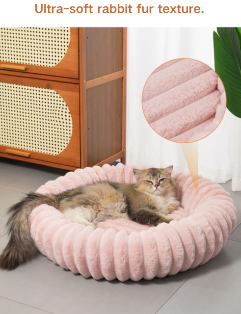 Relipet RL2864 Round Plush Pet Bed – Faux Rabbit Fur Ribbed Cushion for Cats