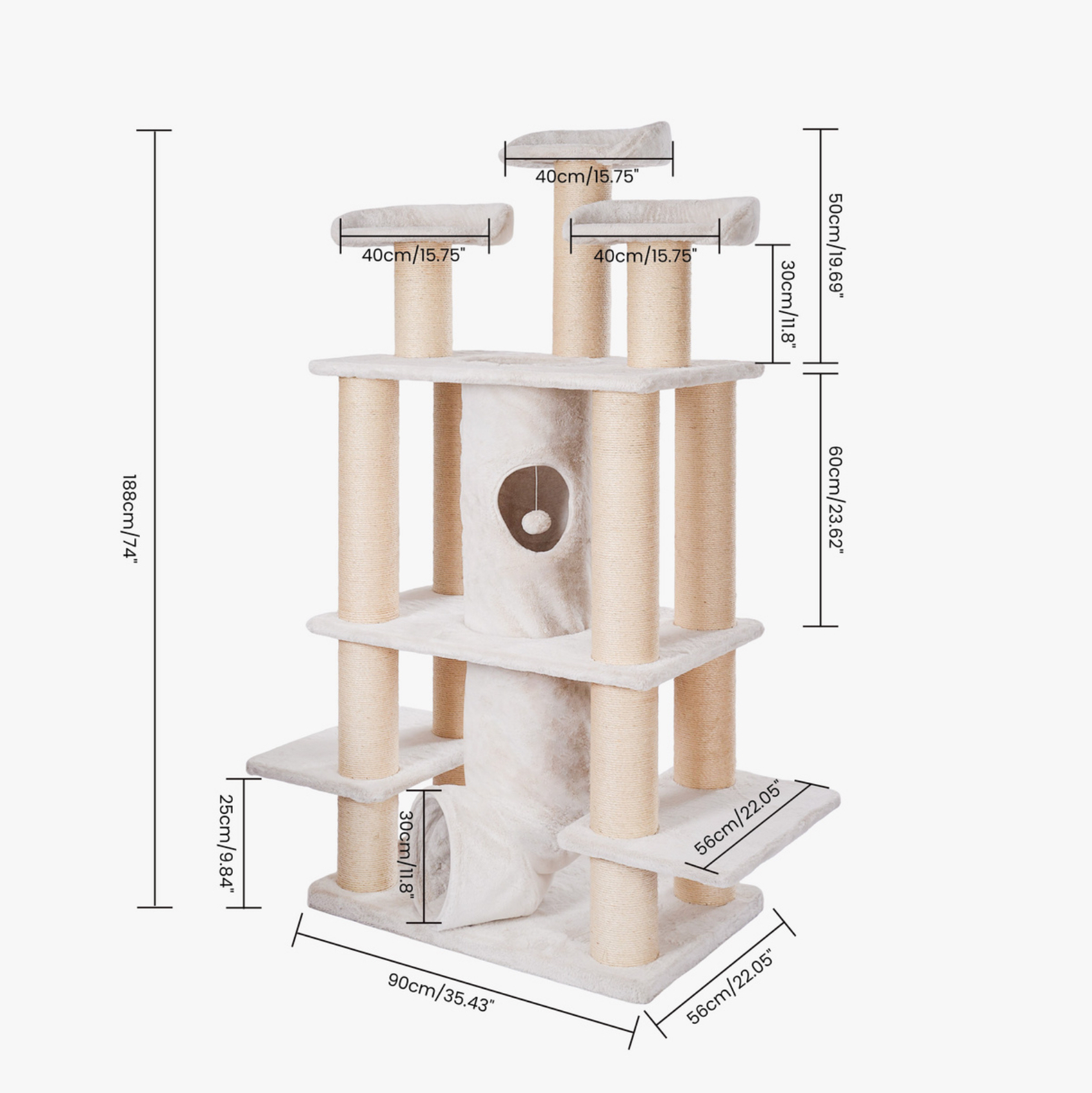 Relipet RL2814V2 Large Premium Cat Tree 188cm – 15cm Sisal Posts, 600g Faux Rabbit Fur, Thick Particle Board, Foldable Cat Tunnel