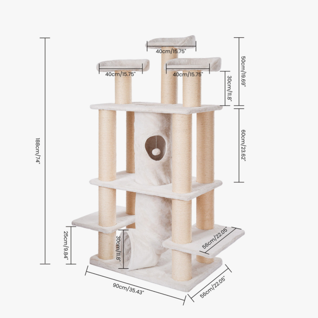 Relipet RL2814V2 Large Premium Cat Tree 188cm – 15cm Sisal Posts, 600g Faux Rabbit Fur, Thick Particle Board, Foldable Cat Tunnel