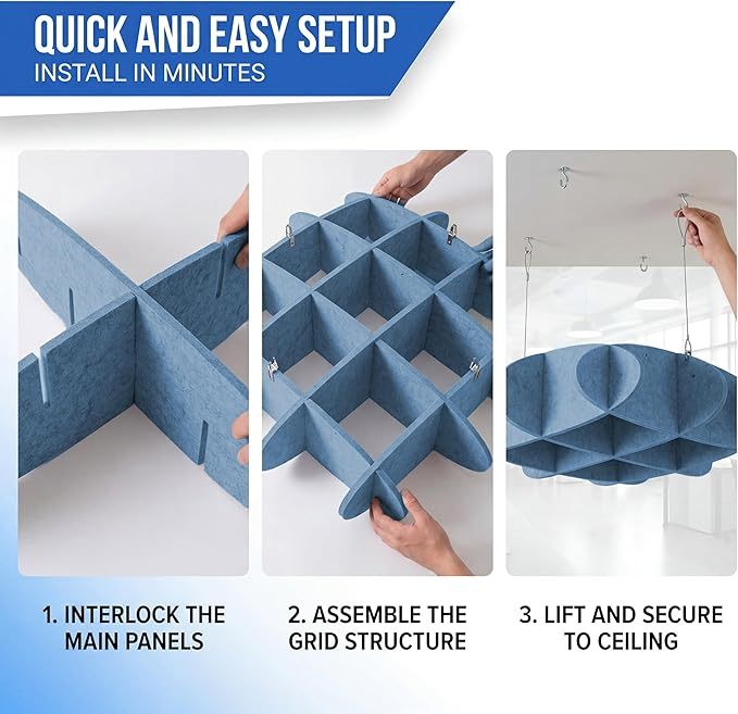 Arrowzoom Acoustic Ceiling Panels, Hanging Sound Absorbers, Polyester Fiberboard Ceiling Tiles for Office, Home Theater and Recording Studio, 80 cm 31", Blue,MY SHOP,NovaGrid Ceiling Suspension Kit