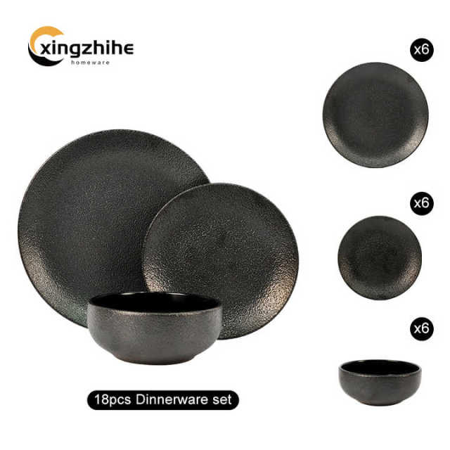 Aesthetic Black Customized Eco-Friendly Microwave Safe Round Bowl Plate Coffee Mug Hotel Ceramic Dinnerware Set