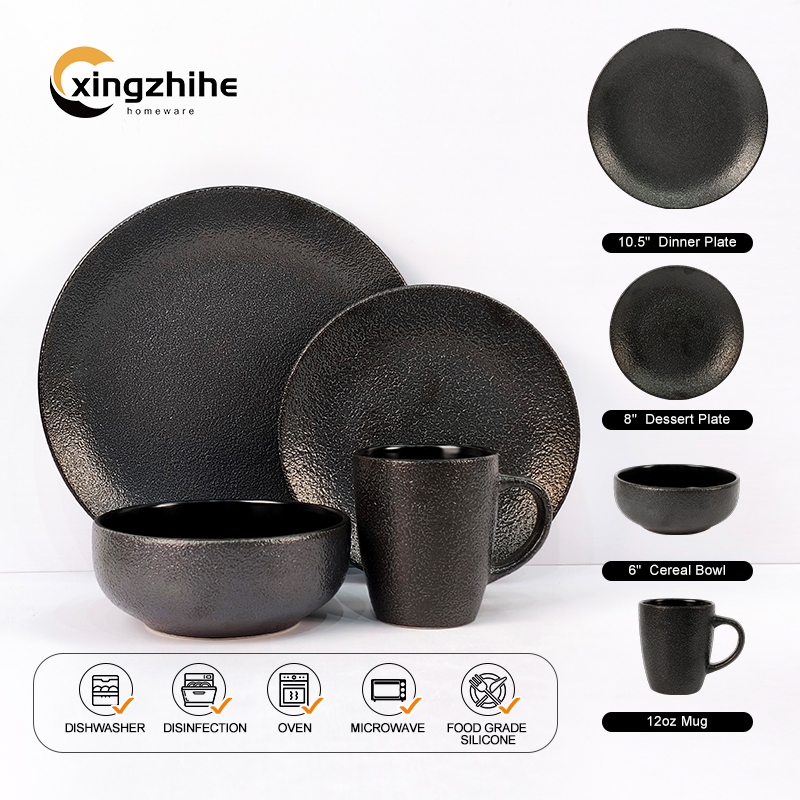 Aesthetic Black Customized Eco-Friendly Microwave Safe Round Bowl Plate Coffee Mug Hotel Ceramic Dinnerware Set