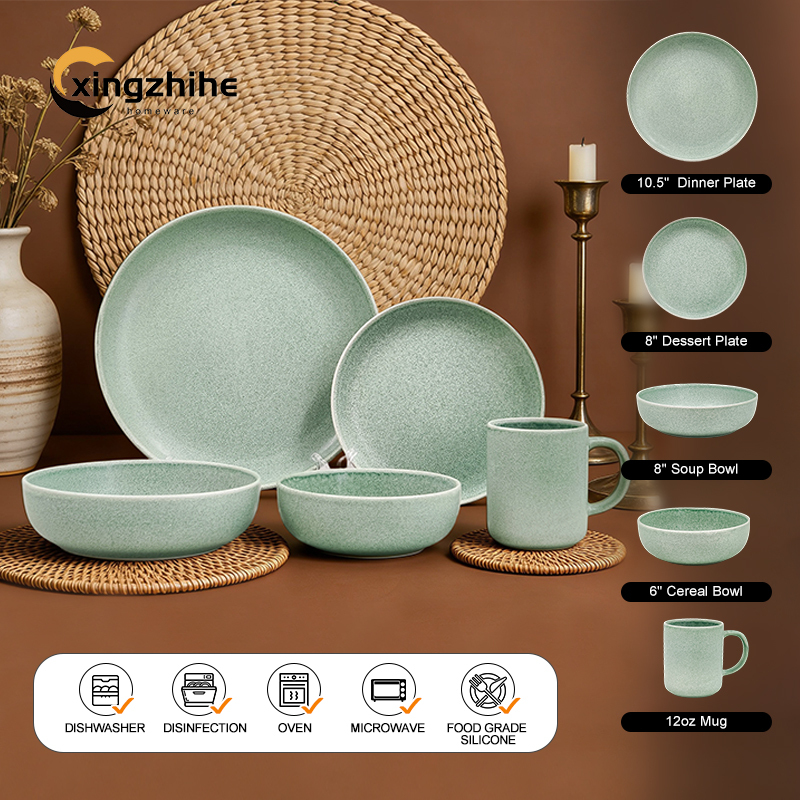 18/16/12/Piece Green Luxury Europe Stoneware Dinnerware Sets Custom Matte Glaze BPA Free Heat Resistant Dinner/Salad Plates Mugs