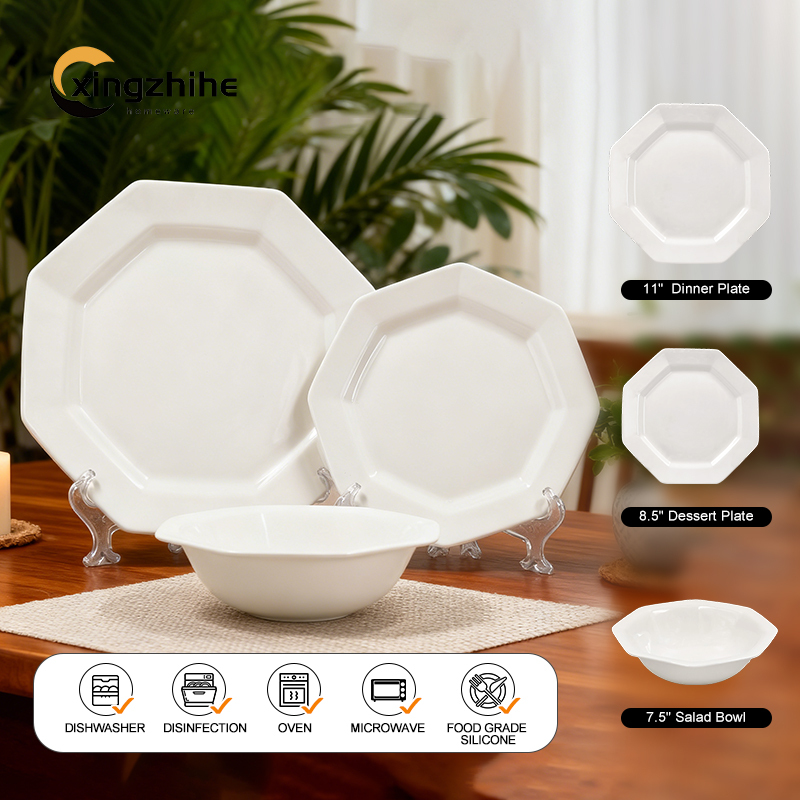 18/16/12-Piece Eco-Friendly Ceramic Tableware SetRegular Octagon White Dishes Plates Dishwasher & Oven Safe