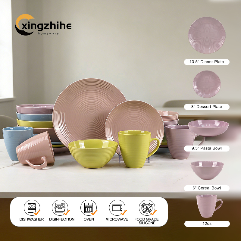 18/16/12 Pcs Luxury Colorful Embossed Texture European Design Stoneware Tableware Set Dishwasher Safe Eco-Friendly BPA Free Oven