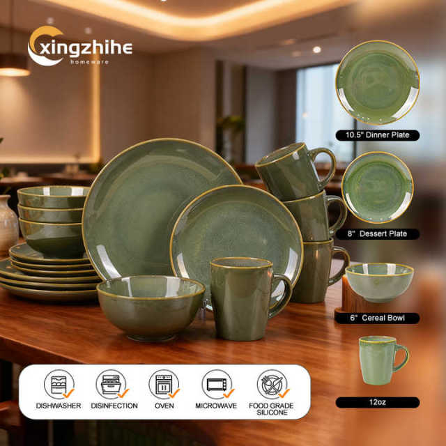 Green Modern Ceramic Stoneware 16-Piece Dinnerware Set with Eco-Friendly Reactive Glaze Dishwasher & Oven Safe for Home Use