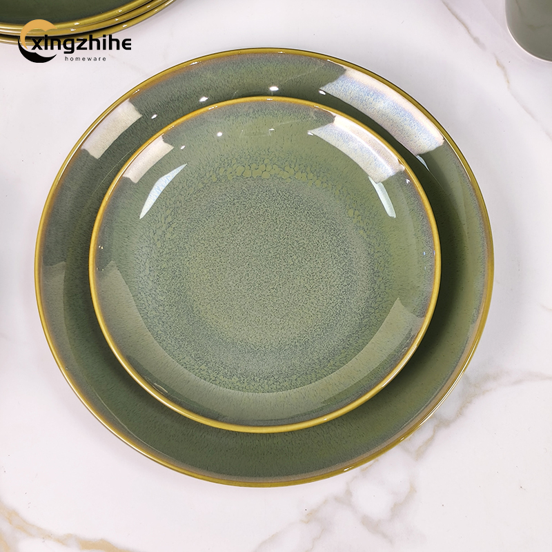 Green Modern Ceramic Stoneware 16-Piece Dinnerware Set with Eco-Friendly Reactive Glaze Dishwasher & Oven Safe for Home Use
