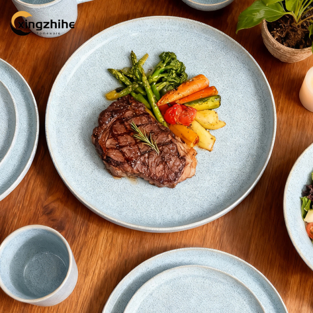Wholesale Eco-Friendly Modern European Stoneware Dinnerware Set with Blue Reactive Finish Dishwasher & Microwave Safe