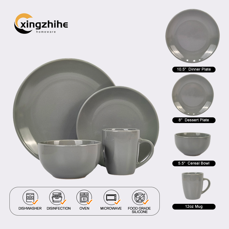 Luxury China Suppliers Stock Restaurant Gray Dinnerware Set 16pcs Stoneware Plates Cup Kit Dishwasher Safe Eco-Friendly