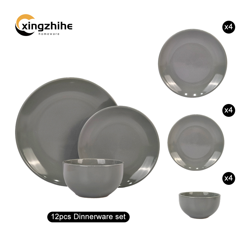 Luxury China Suppliers Stock Restaurant Gray Dinnerware Set 16pcs Stoneware Plates Cup Kit Dishwasher Safe Eco-Friendly