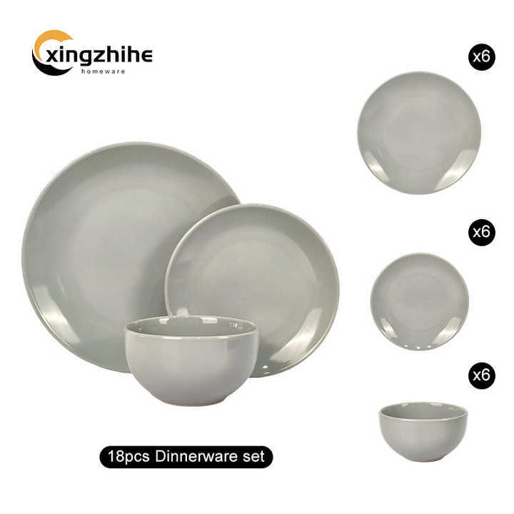 Modern Glossy Glaze Stoneware Grey Dinnerware Set Service Dishwasher Safe Lightweight Eco-Friendly Stocked
