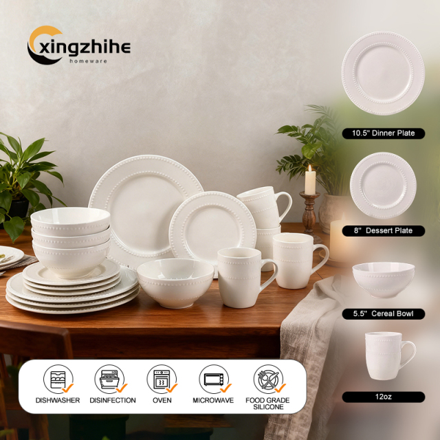 Custom-designed 18/16/12/-Piece Ceramic Plate Set in Relief Style Eco-Friendly Dishwasher Safe for Home & Hotel Kitchens