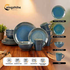 Blue Modern Ceramic Stoneware 16-Piece Dinnerware Set with Eco-Friendly Reactive Glaze Dishwasher & Oven Safe for Home Use
