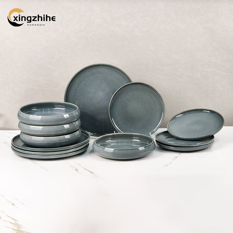 18/16/12/Piece Wholesale Price Custom Nordic Gray Reactive Glaze Stoneware Dinnerware Set Eco-Friendly Dishwasher Safe Hotels