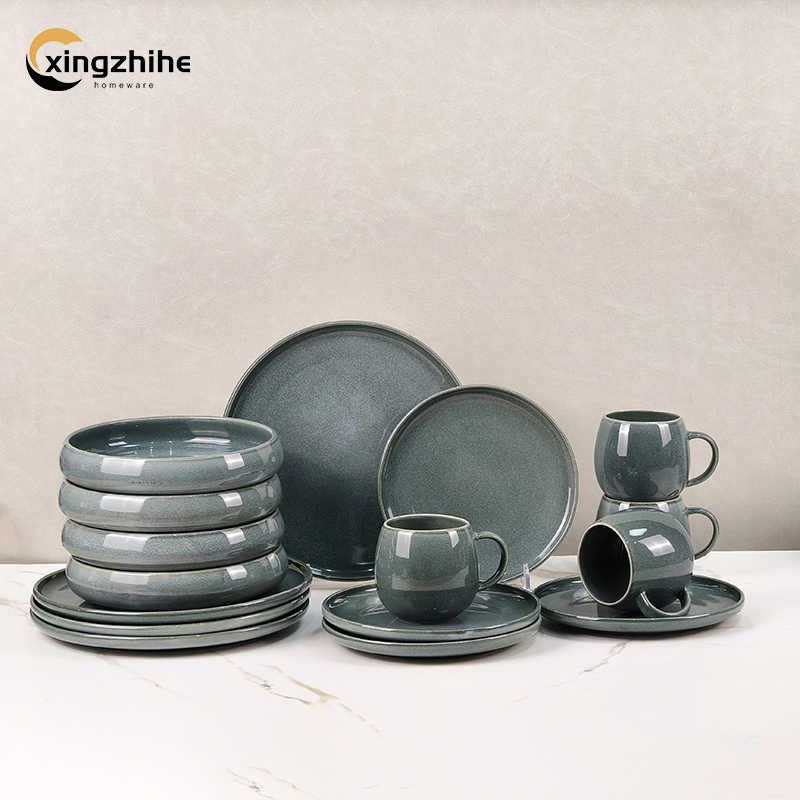 18/16/12/Piece Wholesale Price Custom Nordic Gray Reactive Glaze Stoneware Dinnerware Set Eco-Friendly Dishwasher Safe Hotels