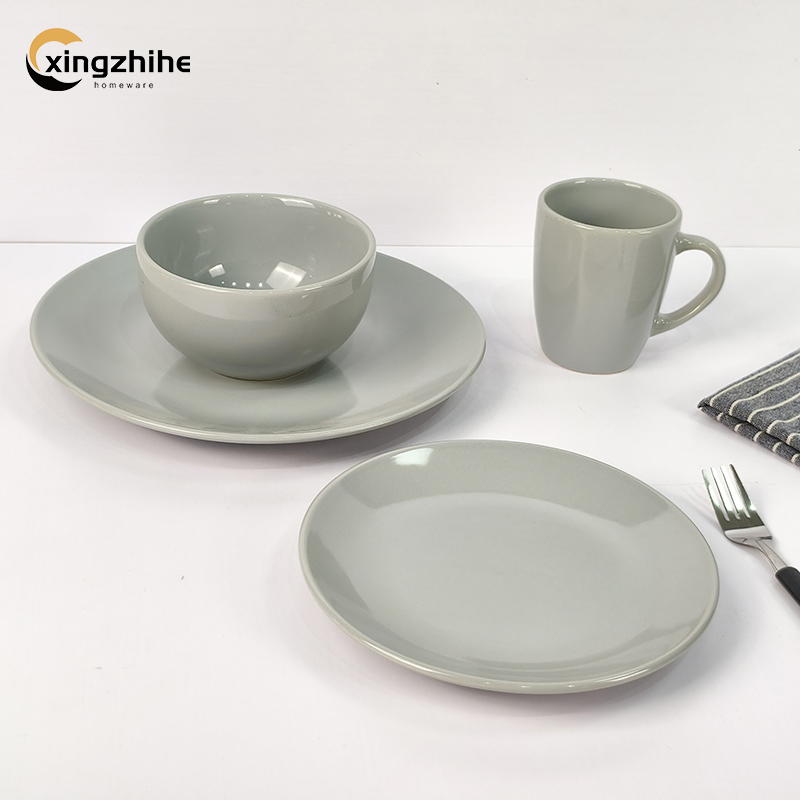 Modern Glossy Glaze Stoneware Grey Dinnerware Set Service Dishwasher Safe Lightweight Eco-Friendly Stocked