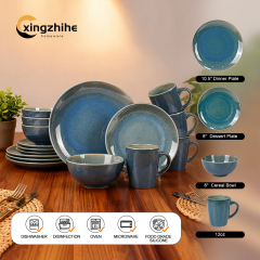 Blue Modern Ceramic Stoneware 16-Piece Dinnerware Set with Eco-Friendly Reactive Glaze Dishwasher & Oven Safe for Home Use