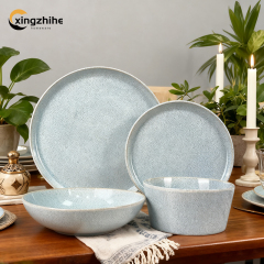 Wholesale Eco-Friendly Modern European Stoneware Dinnerware Set with Blue Reactive Finish Dishwasher & Microwave Safe