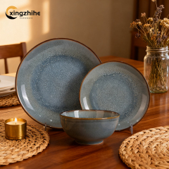 Blue Modern Ceramic Stoneware 16-Piece Dinnerware Set Eco-Friendly Reactive Glaze Microwave Freezer Safe for Food Use