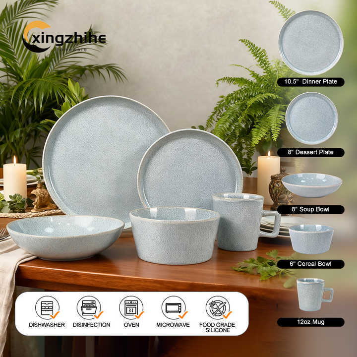 Wholesale Eco-Friendly Modern European Stoneware Dinnerware Set with Blue Reactive Finish Dishwasher & Microwave Safe