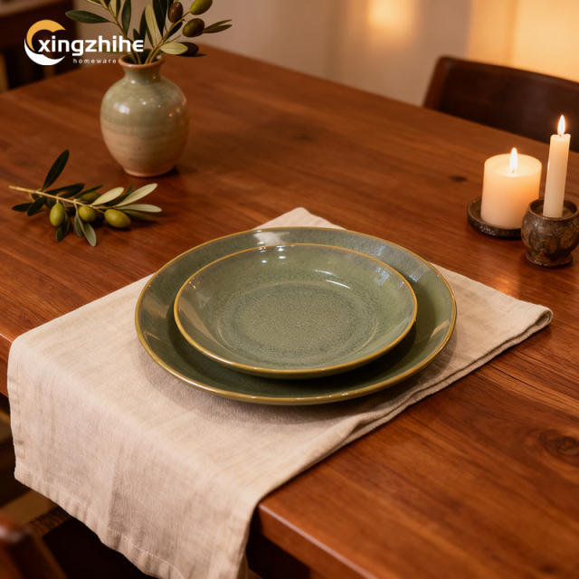 Green Modern Ceramic Stoneware 16-Piece Dinnerware Set with Eco-Friendly Reactive Glaze Dishwasher & Oven Safe for Home Use