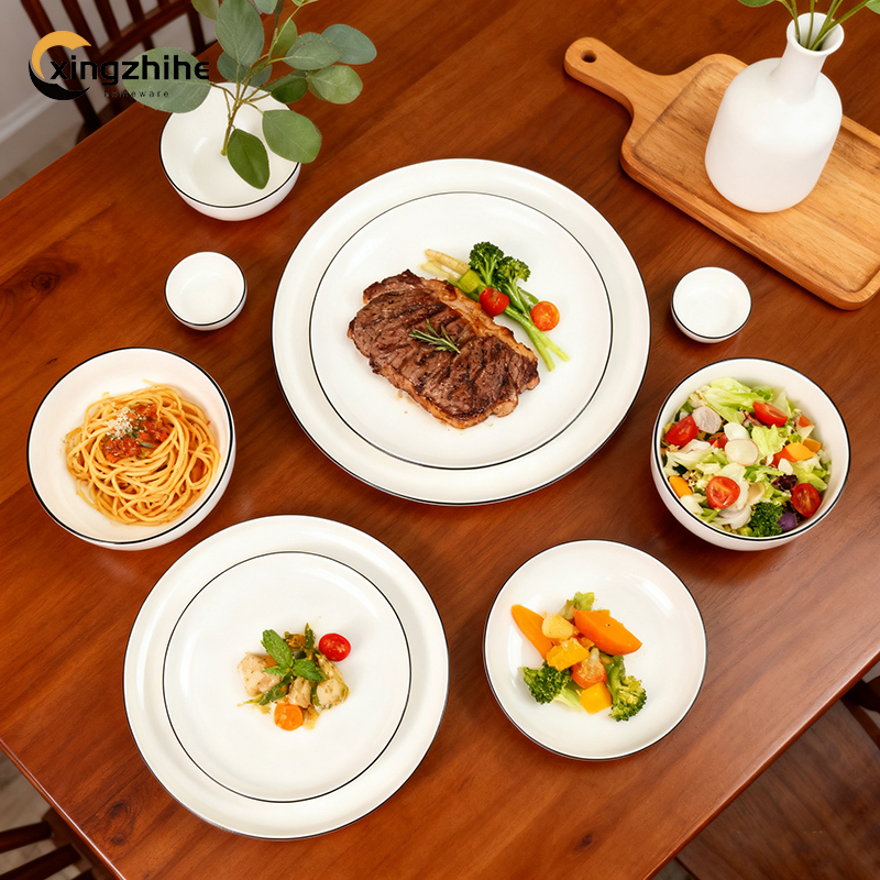18/16/12/Piece White Luxury Europe Ceramic Stoneware Dinnerware Sets Custom Glaze Dinner/Salad Plates Mugs Subtle Vertical