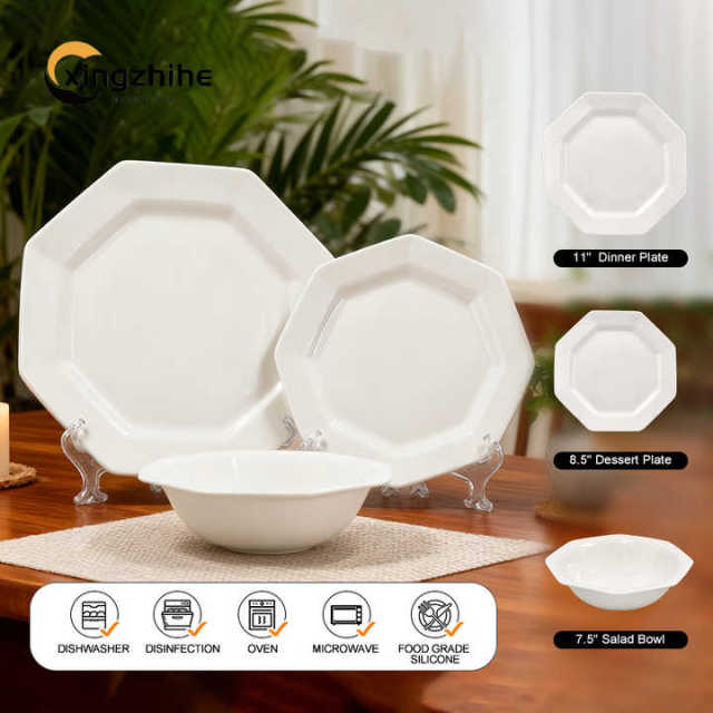 18/16/12-Piece Eco-Friendly Ceramic Tableware SetRegular Octagon White Dishes Plates Dishwasher & Oven Safe