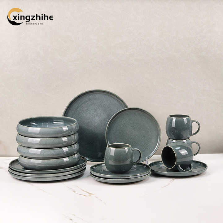 18/16/12/Piece Wholesale Price Custom Nordic Gray Reactive Glaze Stoneware Dinnerware Set Eco-Friendly Dishwasher Safe Hotels