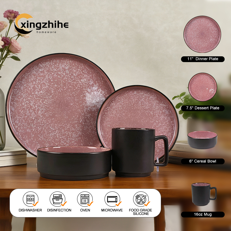 New Arrival Luxury Eco-Friendly Stoneware Dinnerware Sets with Pink Speckle Design for Home & Office Dining