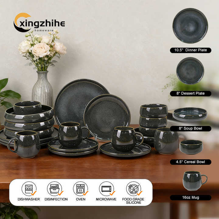 18/16/12-Piece Luxury Gray Speckled Vintage Stoneware Dinnerware Sets-Dishwasher Safe Eco-Friendly BPA Free