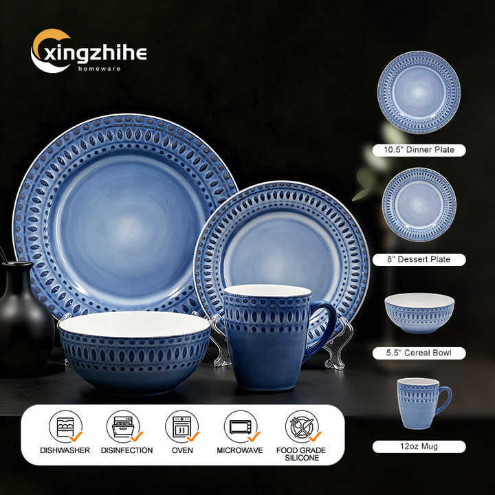 18/16/12/Piece Blue Luxury Europe Stoneware Dinnerware Sets Custom Matte Glaze Dinner Salad Plates Mugs Subtle Vertical Ribbing