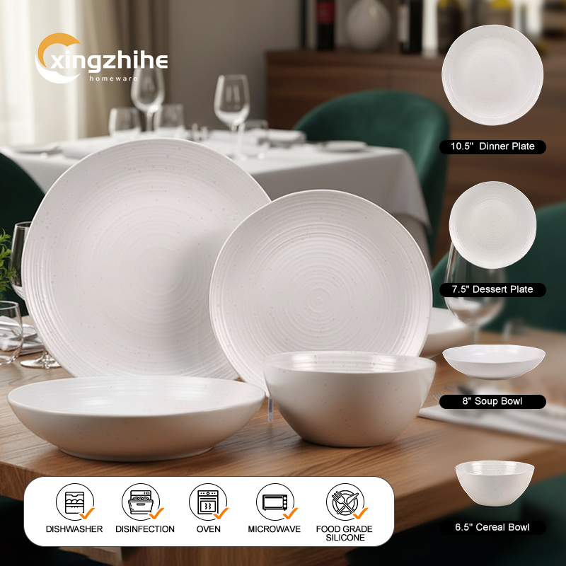 18/16/12 Pcs Luxury Embossed White Texture Stoneware Tableware Set Digital Printing Dishwasher Safe Eco-Friendly Microwave Oven