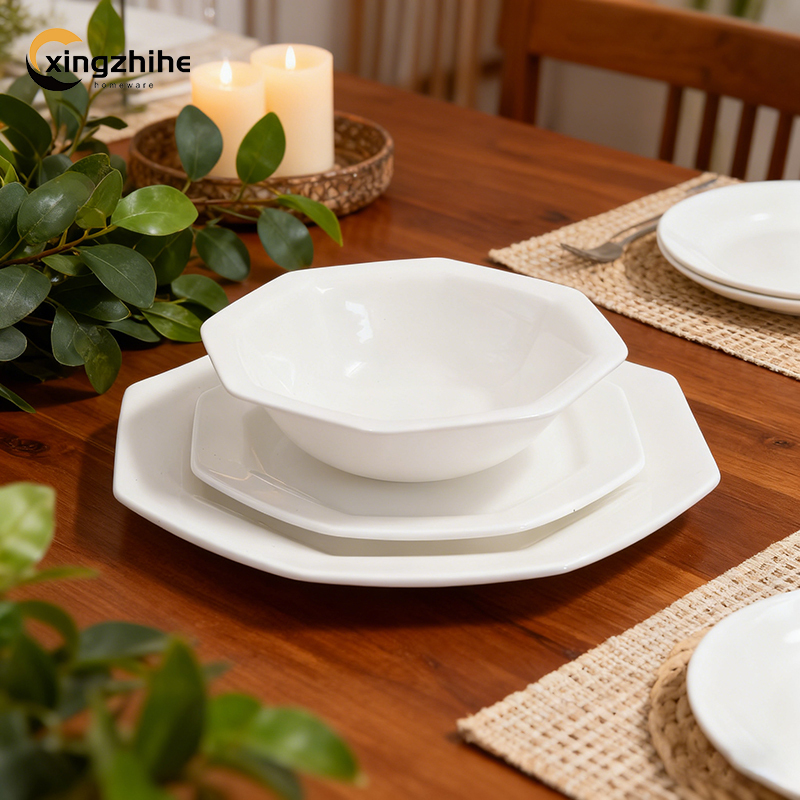 18/16/12-Piece Eco-Friendly Ceramic Tableware SetRegular Octagon White Dishes Plates Dishwasher & Oven Safe