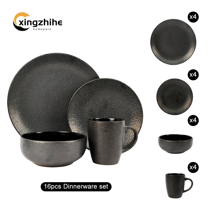 Aesthetic Black Customized Eco-Friendly Microwave Safe Round Bowl Plate Coffee Mug Hotel Ceramic Dinnerware Set