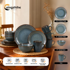 Blue Modern Ceramic Stoneware 16-Piece Dinnerware Set Eco-Friendly Reactive Glaze Microwave Freezer Safe for Food Use