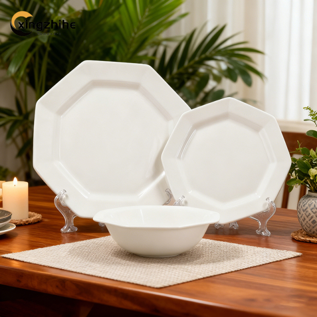 18/16/12-Piece Eco-Friendly Ceramic Tableware SetRegular Octagon White Dishes Plates Dishwasher & Oven Safe