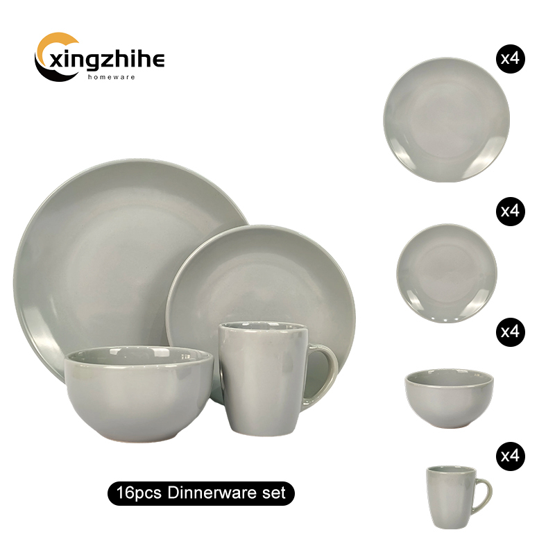 Modern Glossy Glaze Stoneware Grey Dinnerware Set Service Dishwasher Safe Lightweight Eco-Friendly Stocked