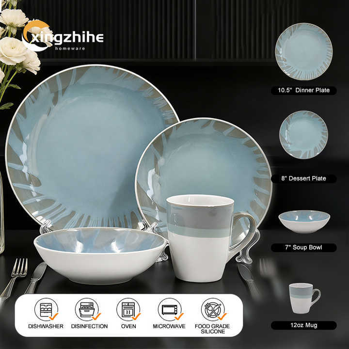 18/16/12 Pcs Luxury Blue Kiln Altered Glaze European Design Stoneware Tableware Set Dishwasher Safe Eco-Friendly BPA Free Home