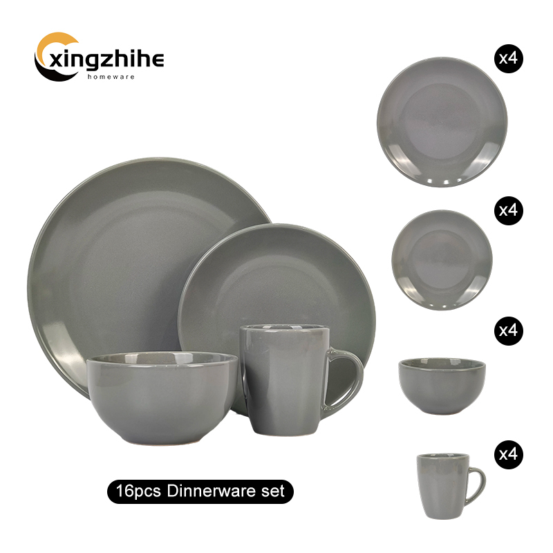 Luxury China Suppliers Stock Restaurant Gray Dinnerware Set 16pcs Stoneware Plates Cup Kit Dishwasher Safe Eco-Friendly