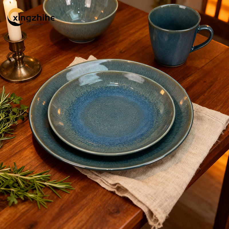 Blue Modern Ceramic Stoneware 16-Piece Dinnerware Set with Eco-Friendly Reactive Glaze Dishwasher & Oven Safe for Home Use